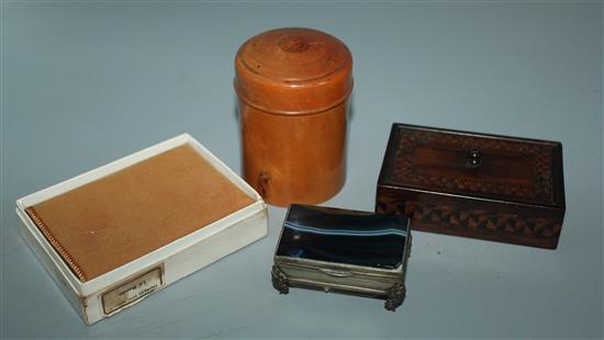 Small Tunbridge box and cover, cylindrical treen box, agate-set box and a Melissa Musical Compact